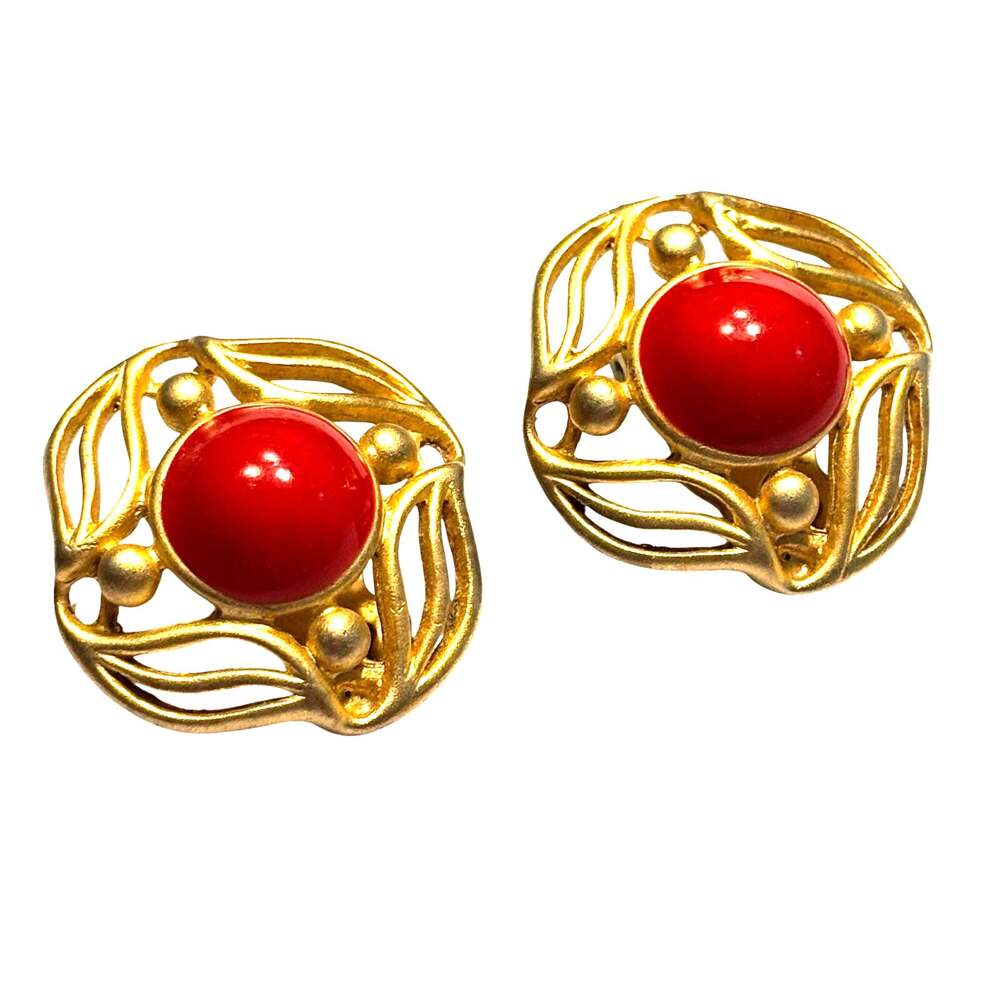 Vintage clip on earrings chunky 80’s brushed gold filigree & red enamel centers